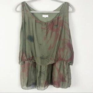 H Trend olive sleeveless florla overlay SILK boat neck tank top size S (165)